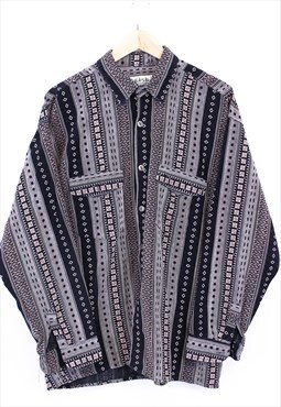 Vintage Aztec Cord Shirt Black Button Up Patterned 90s