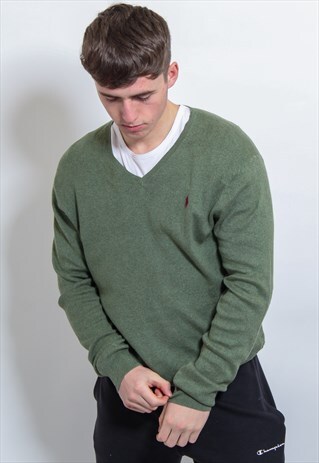 VINTAGE RALPH LAUREN V NECK SWEATSHIRT IN GREEN LARGE