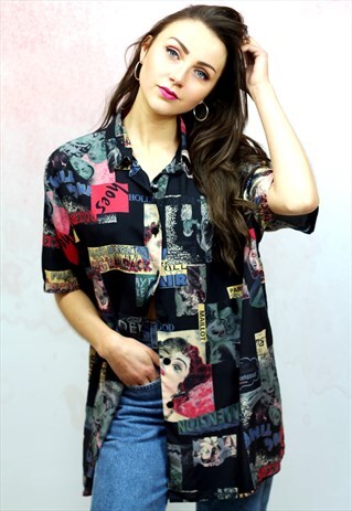 1990S VINTAGE HOLLYWOOD PRINT VISCOSE BLOUSE