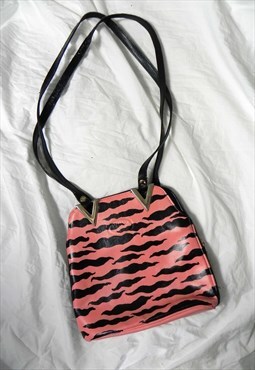 REWORKED Leather Strappy Handbag Hand Painted Pink Zebra