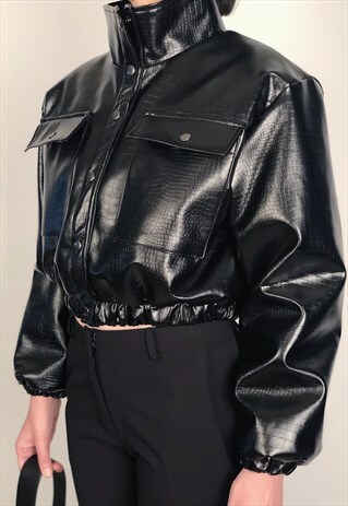 BLACK FAUX CROC CROP BLOUSON JACKET