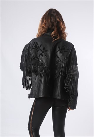 LEATHER TASSEL FRINGE BIKER JACKET VINTAGE UK 4XL (53X)