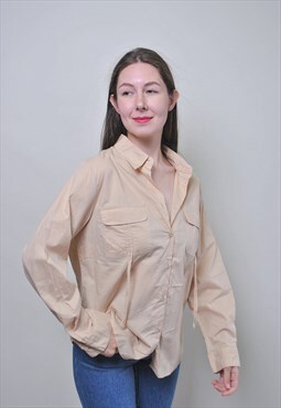 Vintage minimalist long sleeve beige cotton blouse 