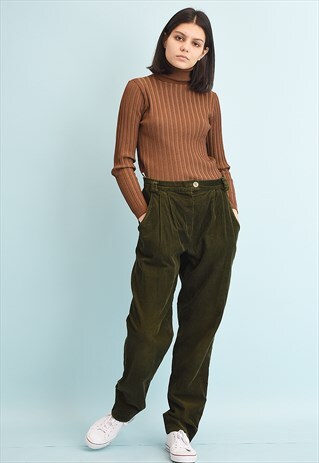 90'S RETRO CORDUROY REGULAR WAIST MOSS GREEN TROUSERS