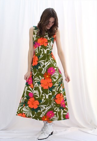 VINTAGE 60S HAWAII FLORAL MAXI DRESS ORANGE AND PINK