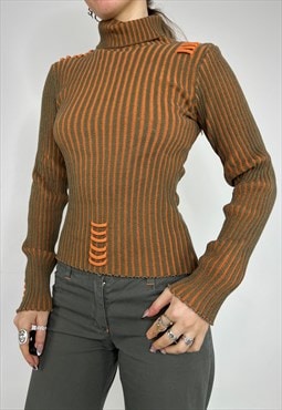 Vintage Y2k Knit Jumper Roll Turtle Neck Ribbed Khaki Grunge