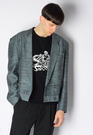 VINTAGE 70S BLUE GREY CHECK CROPPED BLAZER