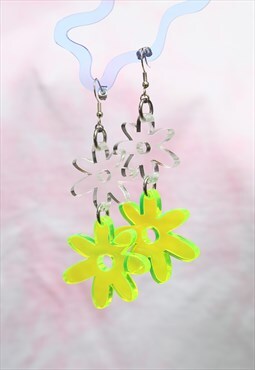 Flower power double drop hook earrings in clear & acid tint