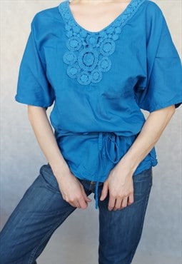 Vintage Blue Kushi Blouse, Medium Size Top