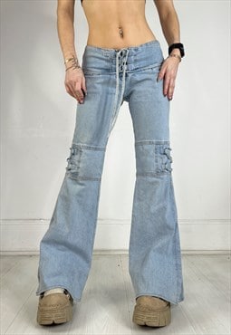 Vintage 90s Jeans Flares Lace Up Low Rise Western Boho Y2k