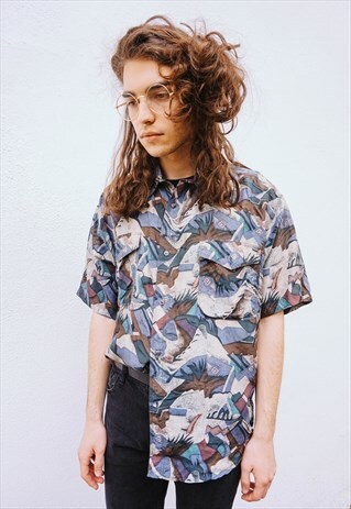 VINTAGE NATURAL SILK ABSTRACT PATTERNED SHIRT