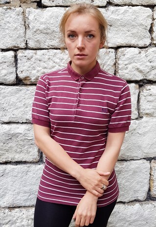 VINTAGE FRED PERRY STRIPED POLO TOP BURGUNDY WHITE