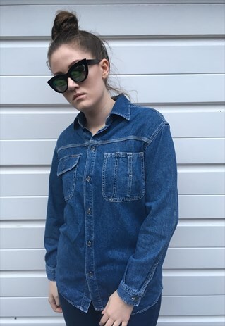WOMENS VINTAGE 90S CALVIN KLEIN BLUE DENIM SHIRT TOP BLOUSE