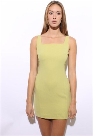 VINTAGE 1990'S 90'S BRIGHT CHARTREUSE GREEN MINI DRESS XS-S