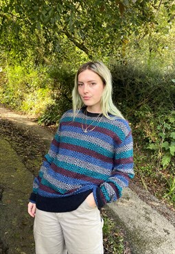 Vintage Wool Knitted Patterned Size L Jumper in Multi