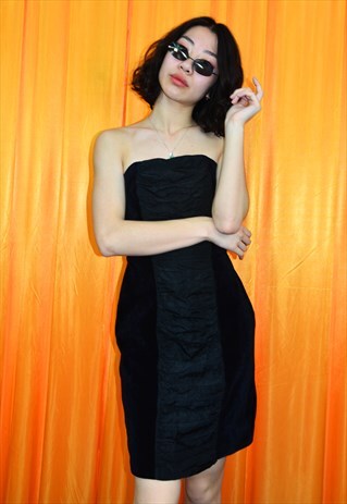 VINTAGE 80S MINI DRESS BLACK VELVET STRAPLESS RUCHED PARTY