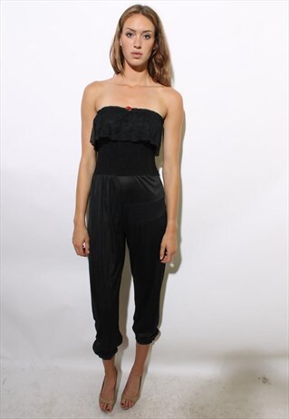 VINTAGE 1970'S 70'S STRAPLESS BLACK JUMPSUIT ROSETTE S-M