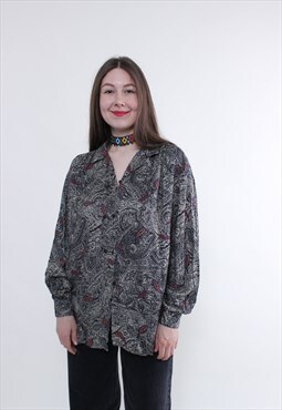 Vintage paisley blouse, gray boho puff sleeve blouse, Size L