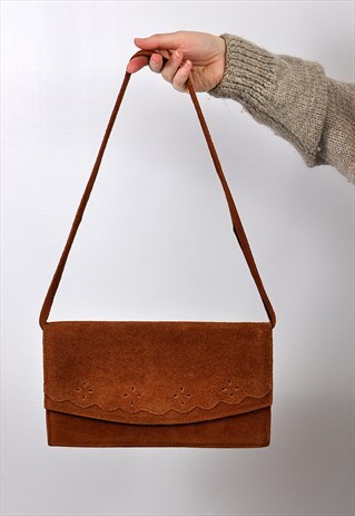 VINTAGE '80S BROWN LEATHER SUEDE CLUTCH/SHOULDER BAG