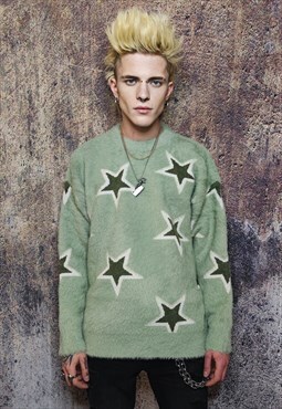 Fluffy sweater premium jacquard retro star jumper in green