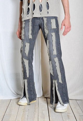 Y2K Reworked Unisex Grey Khaki Flare Jeans Grunge Pants