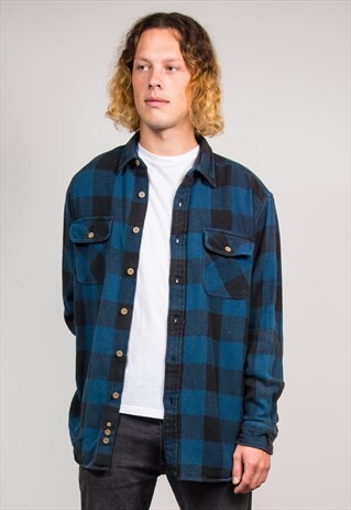 90'S VINTAGE DARK BLUE LARGE CHECK PATTERN FLANNEL SHIRT