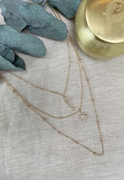 Dainty Star Key Diamante Layered Charm Pendant Necklaces