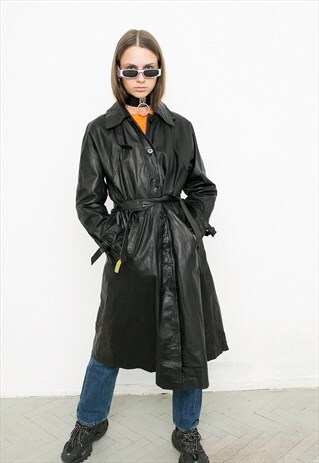 VINTAGE BLACK LEATHER MAXI COAT BUTTON UP BELTED LONG