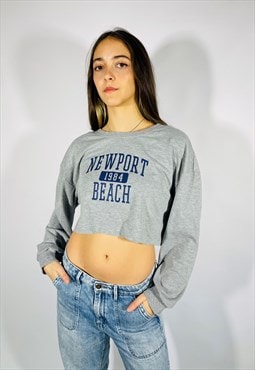 Vintage Size L Newport Beach Crop Sweatshirt in Grey