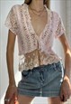 Vintage Y2k Knitted Lace Tie Front Top Cardigan Pink Boho