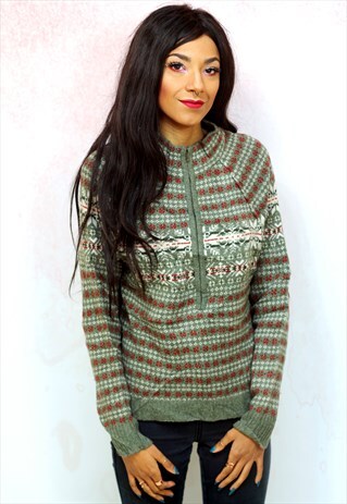 1990S VINTAGE GREEN ZIP UP SNOWFLAKE KNITWEAR JUMPER