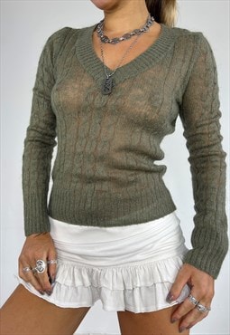 Vintage Y2k Jumper Knit Slightly Sheer Khaki Sweater Boho