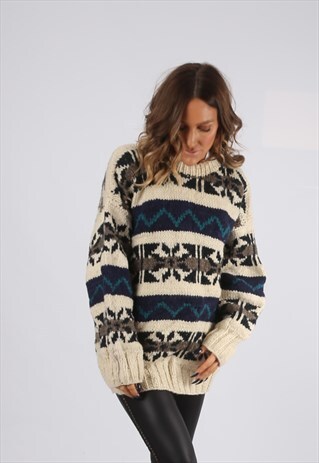 CHUNKY KNIT JUMPER WOOL OVERSIZED PATTERNED UK 16 (BJ4E)
