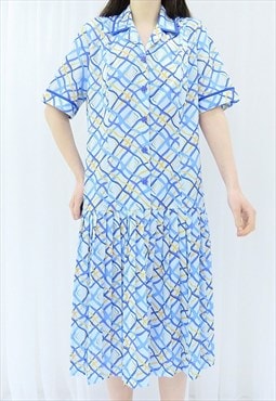 80s Vintage Blue Abstract Collared Dress (Size L)