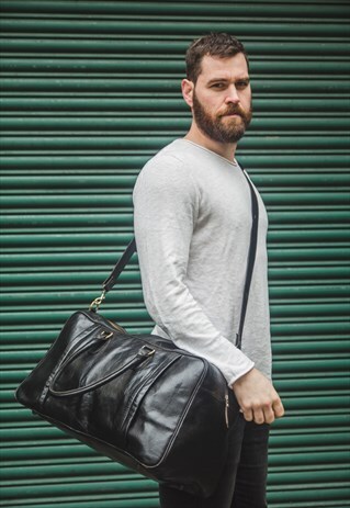 PREMIUM BLACK LEATHER TRAVELLER'S HOLDALL / DUFFLE BAG