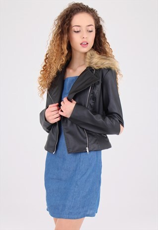 BLACK FUR COLLARED FAUX LEATHER BIKER JACKET