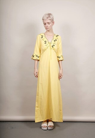 VINTAGE 70'S YELLOW COTTON MAXI SUN DRESS