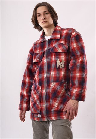 VINTAGE MENS YANKEES NEW YORK BIG LOGO PADDED SHIRT JACKET