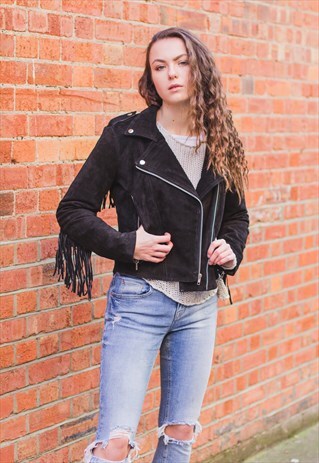 BLACK SUEDE FRINGE BIKER JACKET