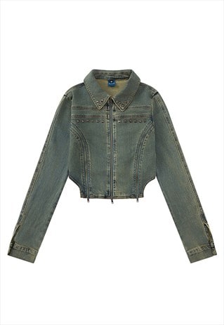 Cropped denim jacket cutout waist varsity grunge jean bomber