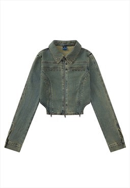 Cropped denim jacket cutout waist varsity grunge jean bomber