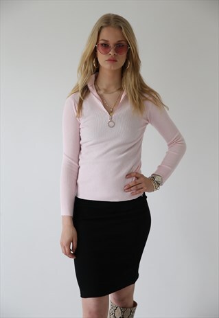 BABY PINK RIB ZIPPER LONG SLEEVE TOP