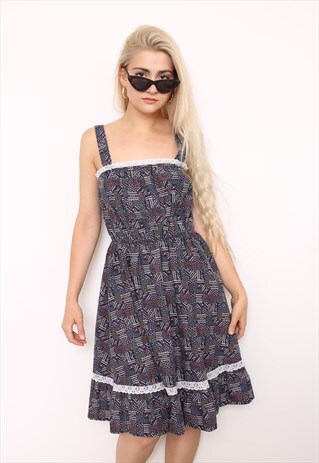 VINTAGE 70S TIERED PATCHWORK PRINT LACE DRESS