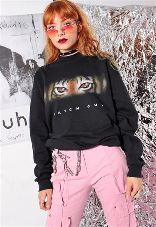 90S GRUNGE Y2K GOTH BLACK ANIMAL EYE WATCH OUT SWEATER