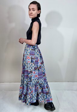 Vintage 70's Floral Patchwork Look Ruffle Tiered Maxi Skirt