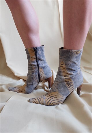 VINTAGE 90S ANIMAL PRINT LEOPARD TIGER ANKLE BOOTS BOOTIES