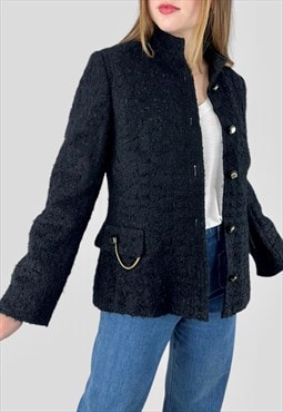 Vintage 80's Black Wool Boucle Ladies Long Sleeve Jacket