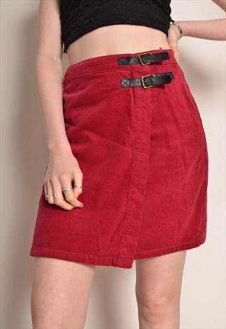 VINTAGE 90S CORDUROY CORD WRAP BUCKLED MINI SKIRT IN RED