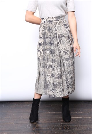 VINTAGE 90S SILK NAVY FLORAL PRINT MIDI SKIRT
