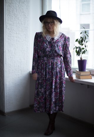 VINTAGE 80'S MULTICOLOUR FLOWER PRINT MIDI DRESS